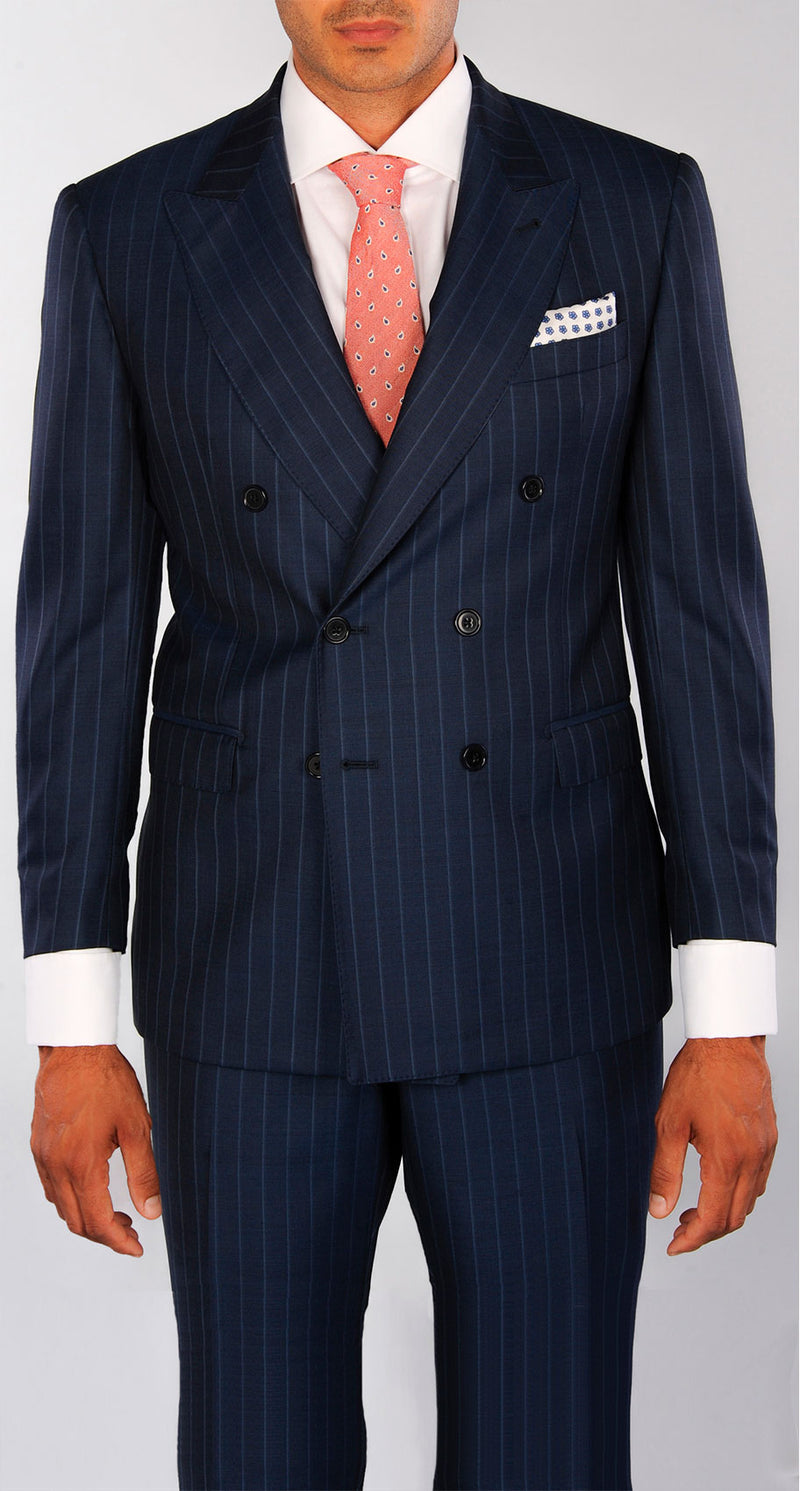 Varteni Navy Blue Slim Fit Peak Lapel Double Breasted Striped Suit – BRABION